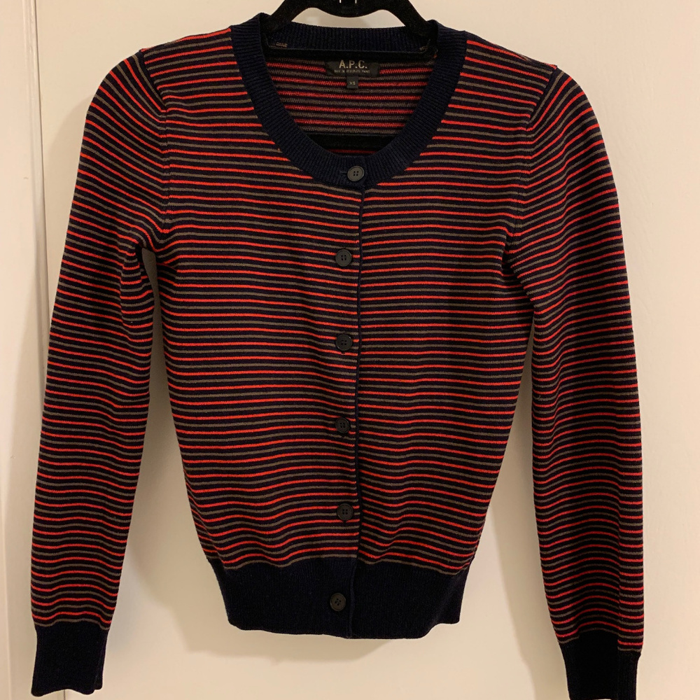 A.P.C. Red and Black Striped Cardigan